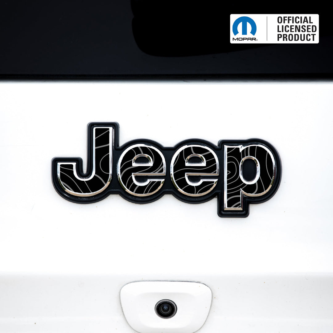 Jeep Emblem Overlay Decals – Topographic Map Print | Fits Grand Cherokee, Cherokee, Compass, Renegade, Liberty, Patriot (Various Years)