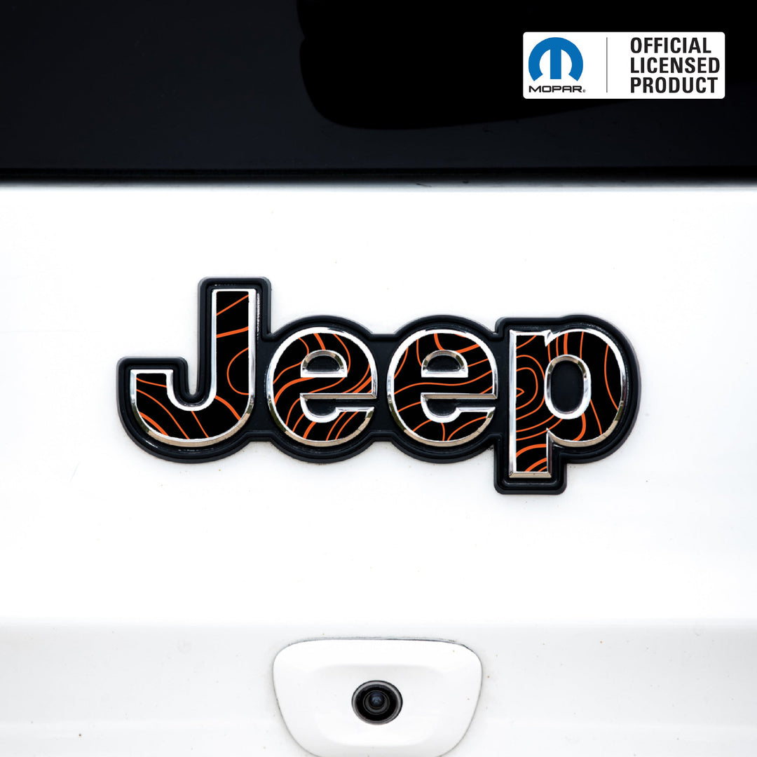 Jeep Emblem Overlay Decals – Topographic Map Print | Fits Grand Cherokee, Cherokee, Compass, Renegade, Liberty, Patriot (Various Years)
