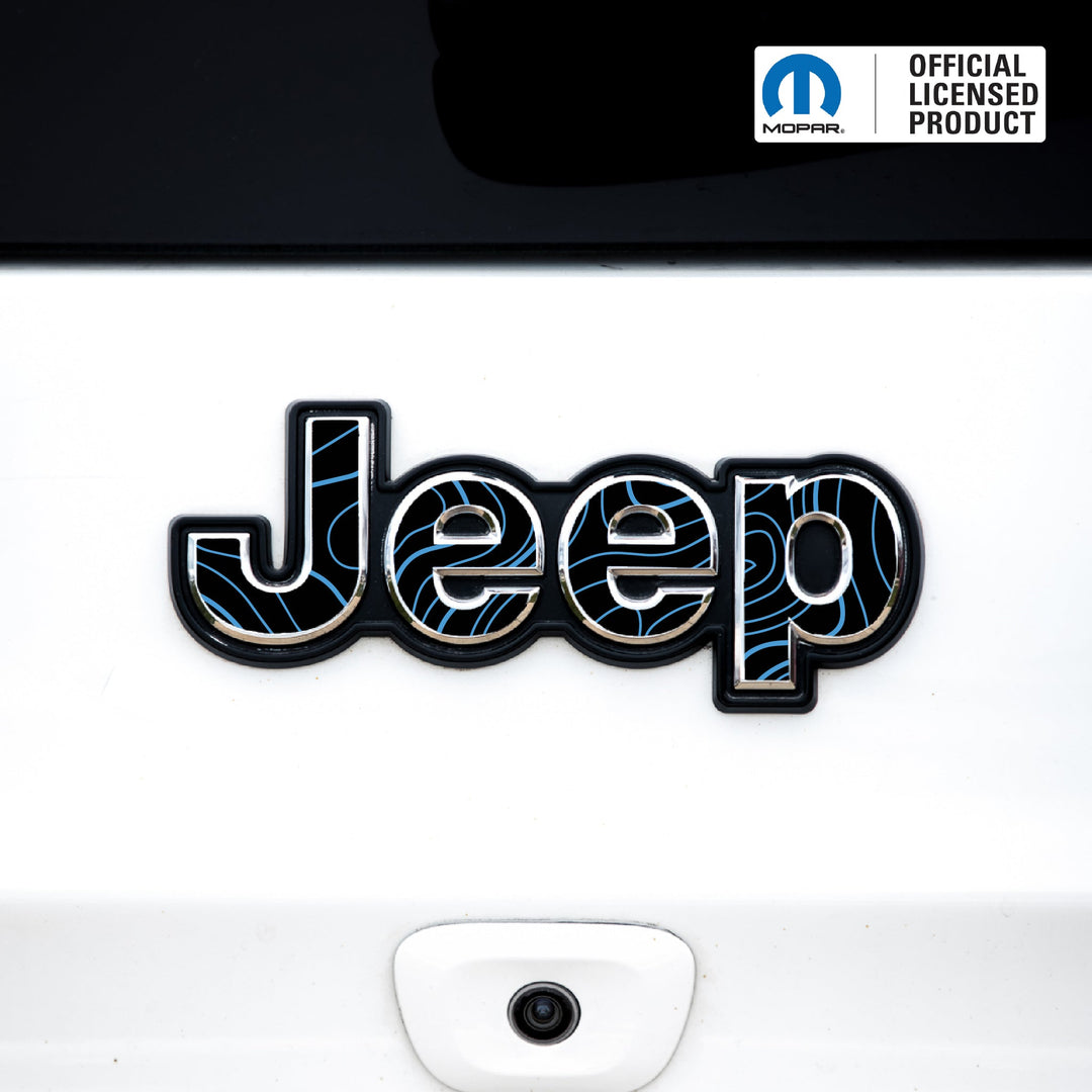 Jeep Emblem Overlay Decals – Topographic Map Print | Fits Grand Cherokee, Cherokee, Compass, Renegade, Liberty, Patriot (Various Years)