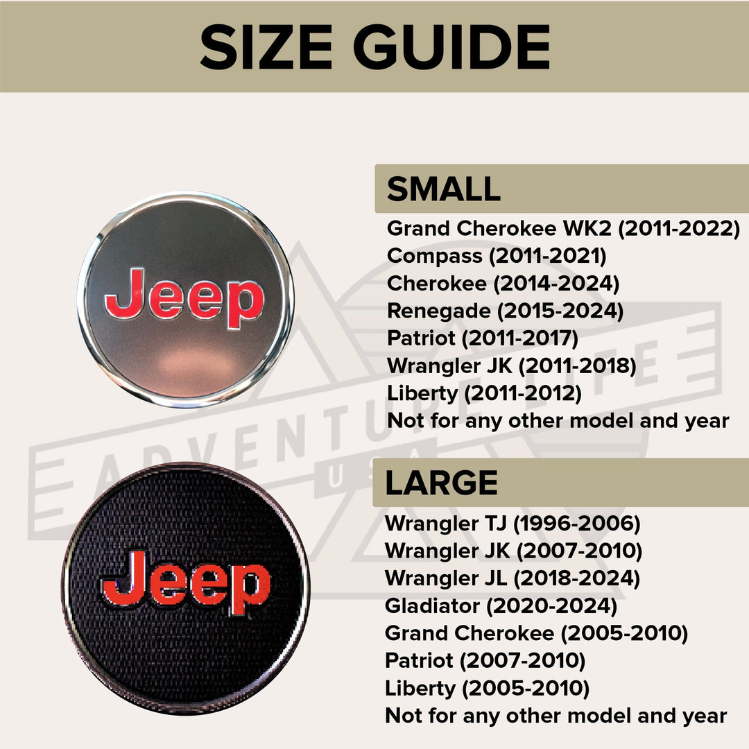 JEEP Steering Wheel Emblem Overlay Decal — 30+ Colors &amp; Designs (Flag, Topo, Animal, Solid)