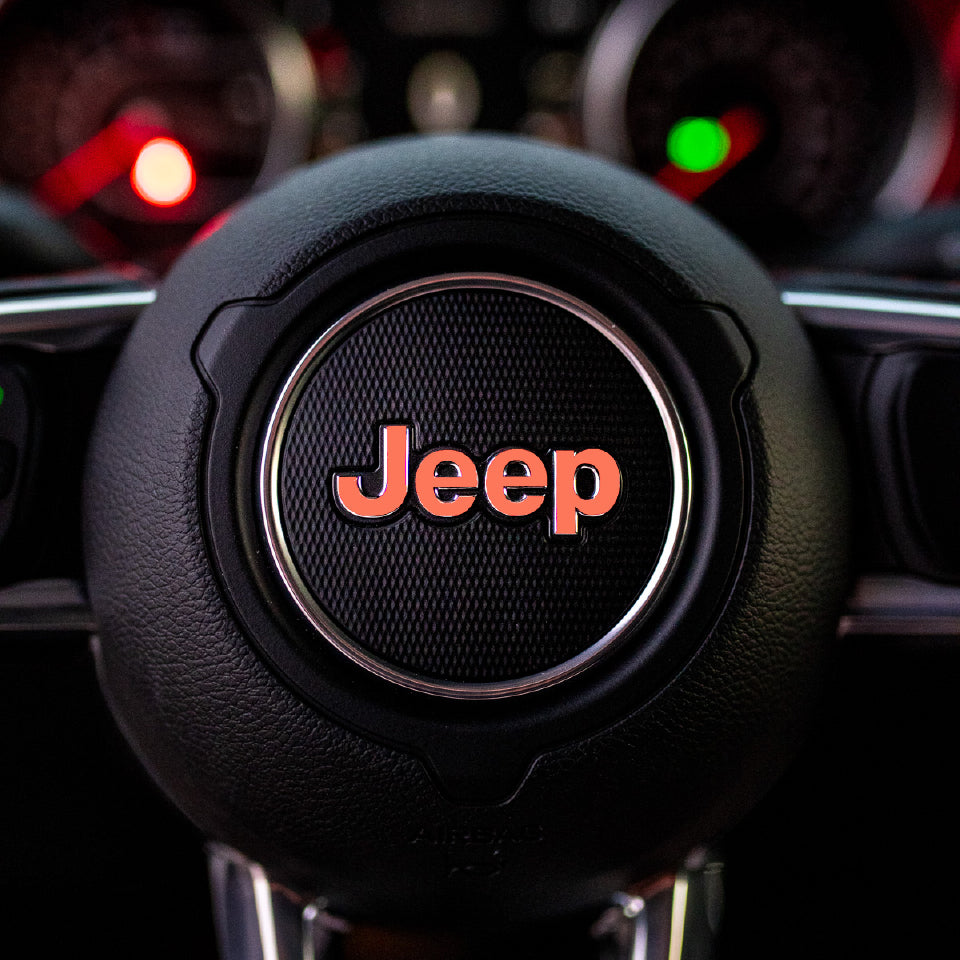 JEEP Steering Wheel Emblem Overlay Decal — 30+ Colors &amp; Designs (Flag, Topo, Animal, Solid)