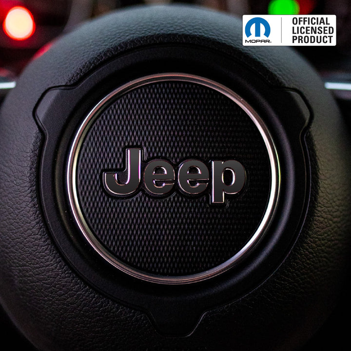 JEEP Steering Wheel Emblem Overlay Decal — 30+ Colors &amp; Designs (Flag, Topo, Animal, Solid)