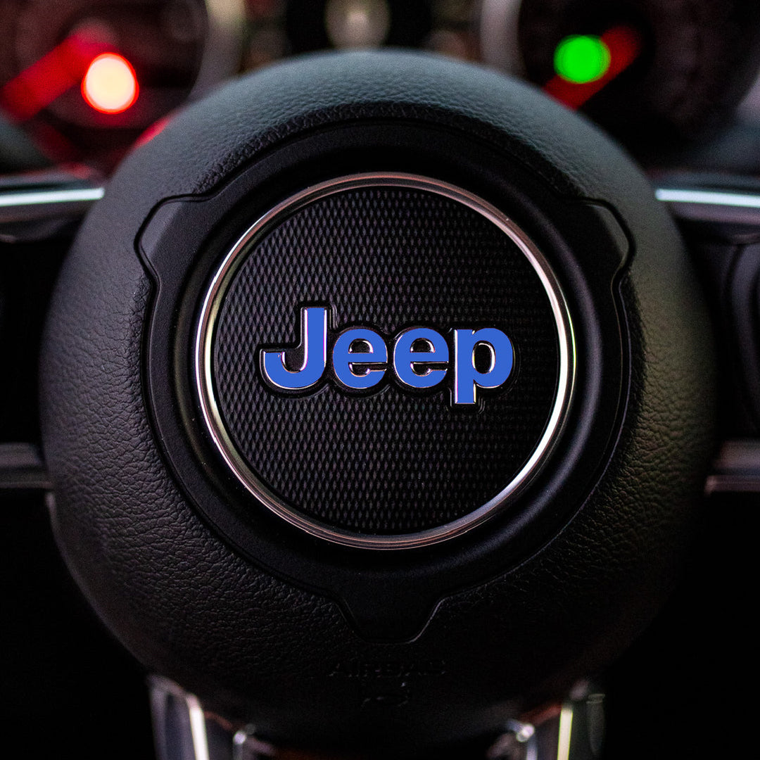 JEEP Steering Wheel Emblem Overlay Decal — 30+ Colors &amp; Designs (Flag, Topo, Animal, Solid)