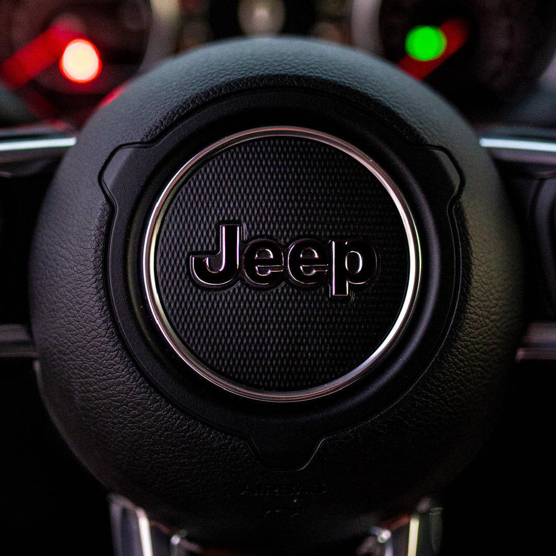 JEEP Steering Wheel Emblem Overlay Decal — 30+ Colors &amp; Designs (Flag, Topo, Animal, Solid)