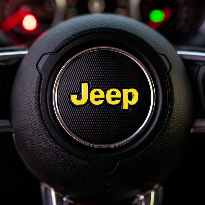 JEEP Steering Wheel Emblem Overlay Decal — 30+ Colors &amp; Designs (Flag, Topo, Animal, Solid)