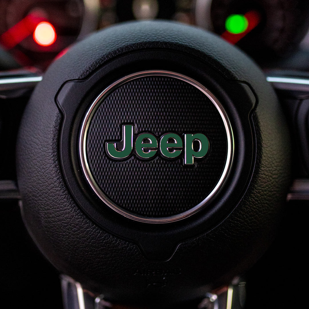 JEEP Steering Wheel Emblem Overlay Decal — 30+ Colors &amp; Designs (Flag, Topo, Animal, Solid)