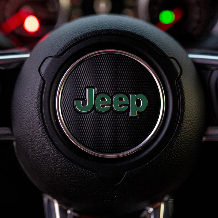 JEEP Steering Wheel Emblem Overlay Decal — 30+ Colors &amp; Designs (Flag, Topo, Animal, Solid)