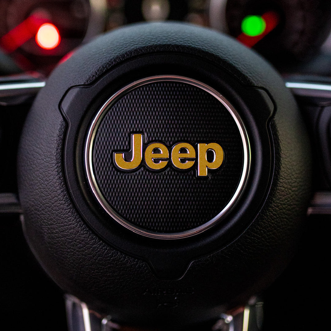 JEEP Steering Wheel Emblem Overlay Decal — 30+ Colors &amp; Designs (Flag, Topo, Animal, Solid)
