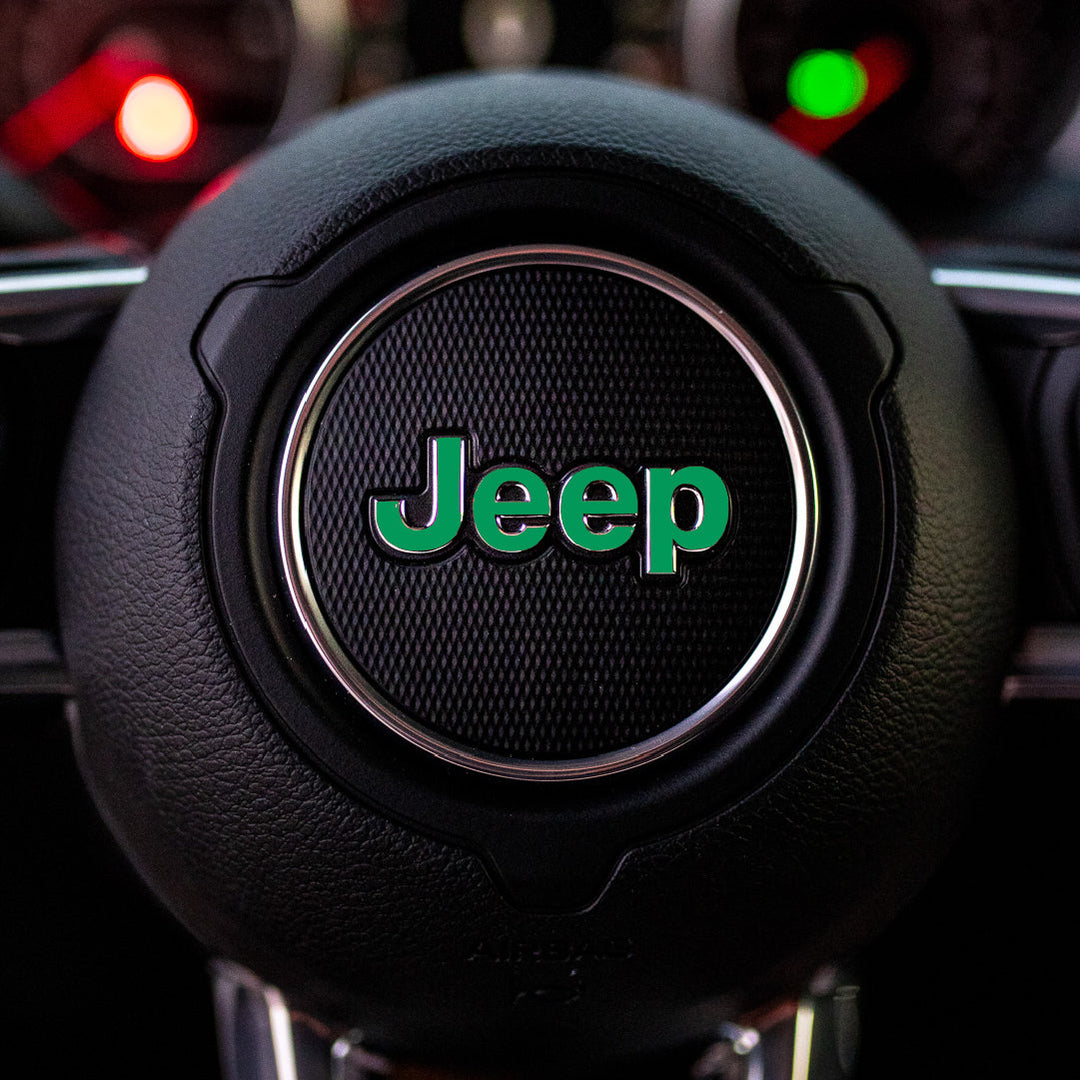JEEP Steering Wheel Emblem Overlay Decal — 30+ Colors &amp; Designs (Flag, Topo, Animal, Solid)