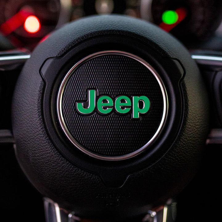 JEEP Steering Wheel Emblem Overlay Decal — 30+ Colors &amp; Designs (Flag, Topo, Animal, Solid)