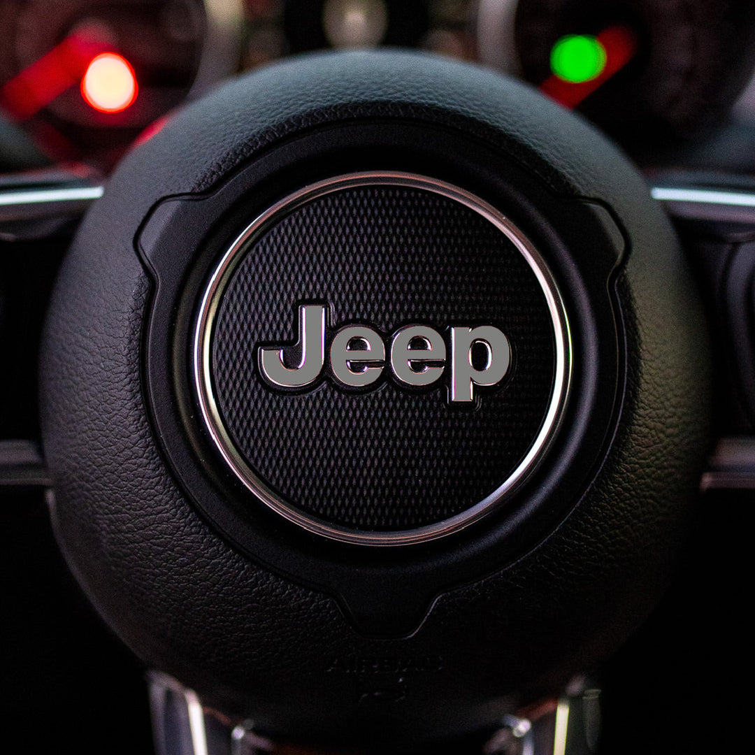 JEEP Steering Wheel Emblem Overlay Decal — 30+ Colors &amp; Designs (Flag, Topo, Animal, Solid)