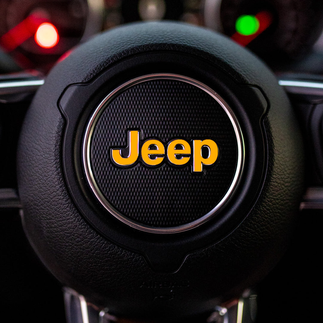 JEEP Steering Wheel Emblem Overlay Decal — 30+ Colors &amp; Designs (Flag, Topo, Animal, Solid)
