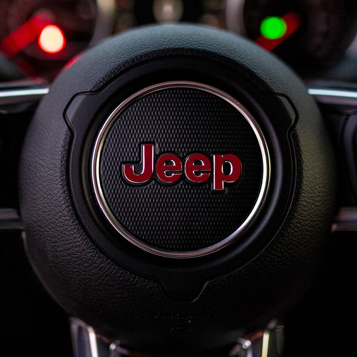JEEP Steering Wheel Emblem Overlay Decal — 30+ Colors &amp; Designs (Flag, Topo, Animal, Solid)
