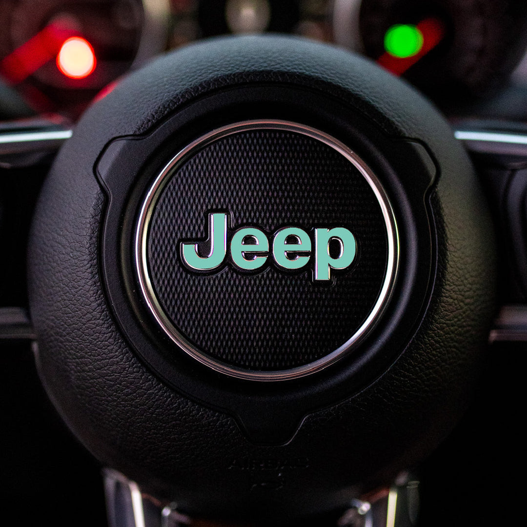 JEEP Steering Wheel Emblem Overlay Decal — 30+ Colors &amp; Designs (Flag, Topo, Animal, Solid)