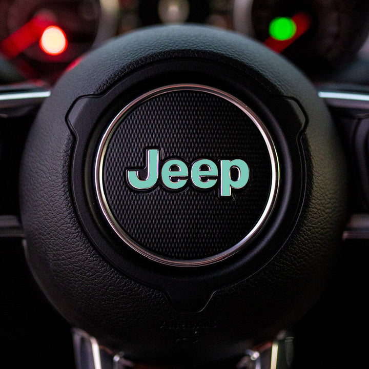 JEEP Steering Wheel Emblem Overlay Decal — 30+ Colors &amp; Designs (Flag, Topo, Animal, Solid)