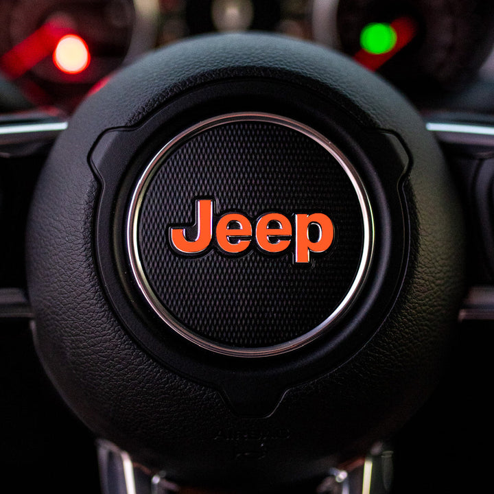 JEEP Steering Wheel Emblem Overlay Decal — 30+ Colors &amp; Designs (Flag, Topo, Animal, Solid)