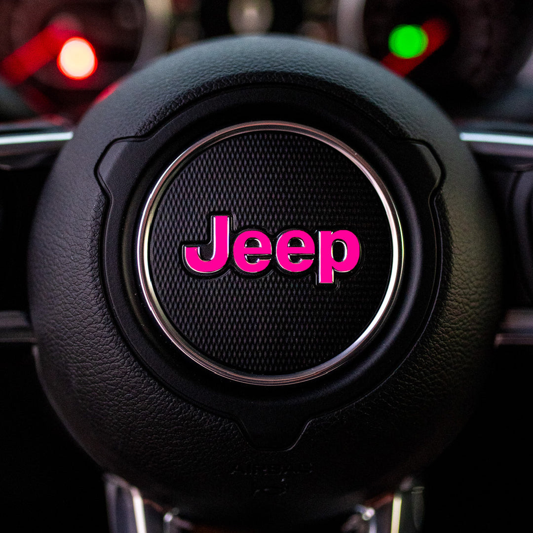 JEEP Steering Wheel Emblem Overlay Decal — 30+ Colors &amp; Designs (Flag, Topo, Animal, Solid)