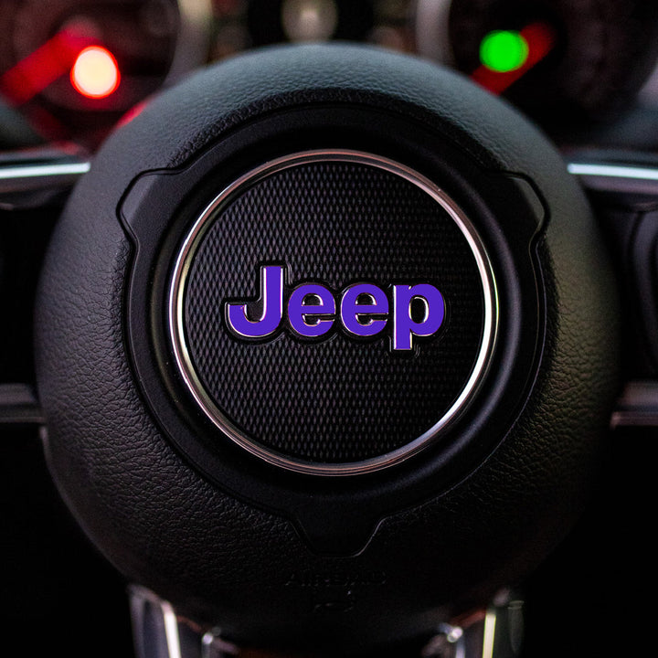 JEEP Steering Wheel Emblem Overlay Decal — 30+ Colors &amp; Designs (Flag, Topo, Animal, Solid)