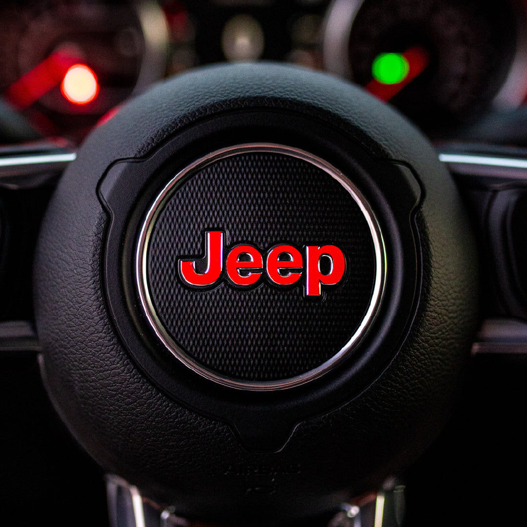 JEEP Steering Wheel Emblem Overlay Decal — 30+ Colors &amp; Designs (Flag, Topo, Animal, Solid)