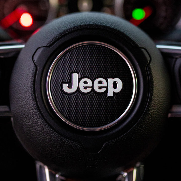 JEEP Steering Wheel Emblem Overlay Decal — 30+ Colors &amp; Designs (Flag, Topo, Animal, Solid)