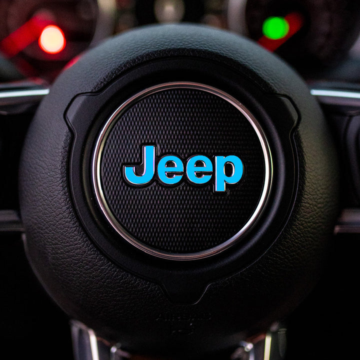 JEEP Steering Wheel Emblem Overlay Decal — 30+ Colors &amp; Designs (Flag, Topo, Animal, Solid)