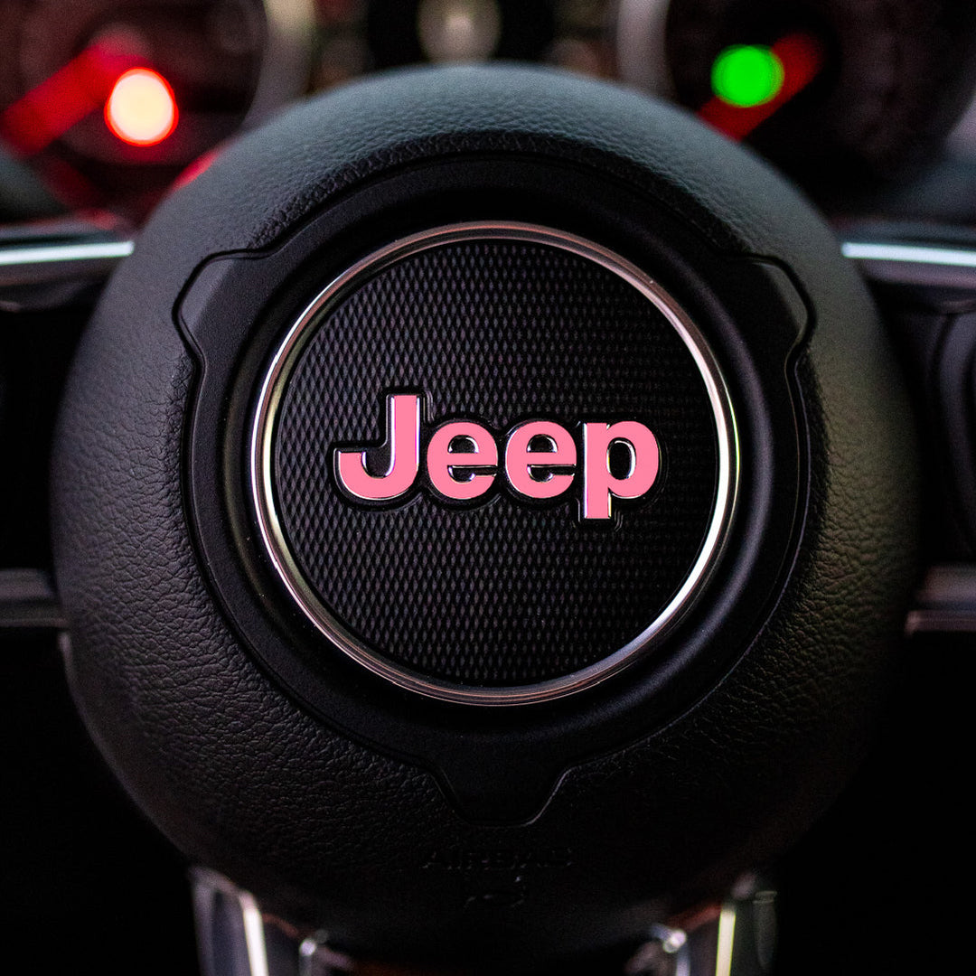 JEEP Steering Wheel Emblem Overlay Decal — 30+ Colors &amp; Designs (Flag, Topo, Animal, Solid)