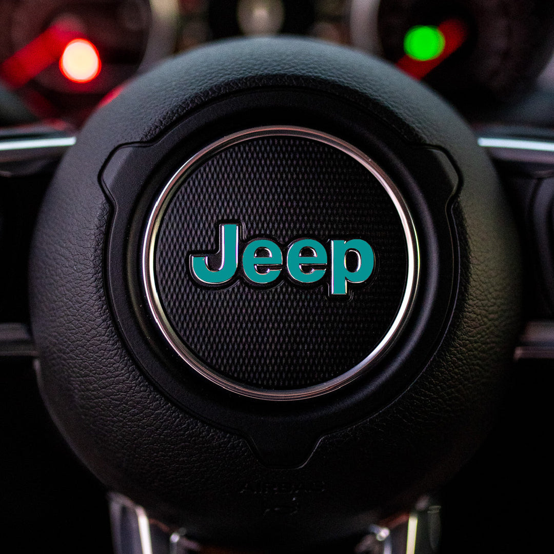 JEEP Steering Wheel Emblem Overlay Decal — 30+ Colors &amp; Designs (Flag, Topo, Animal, Solid)
