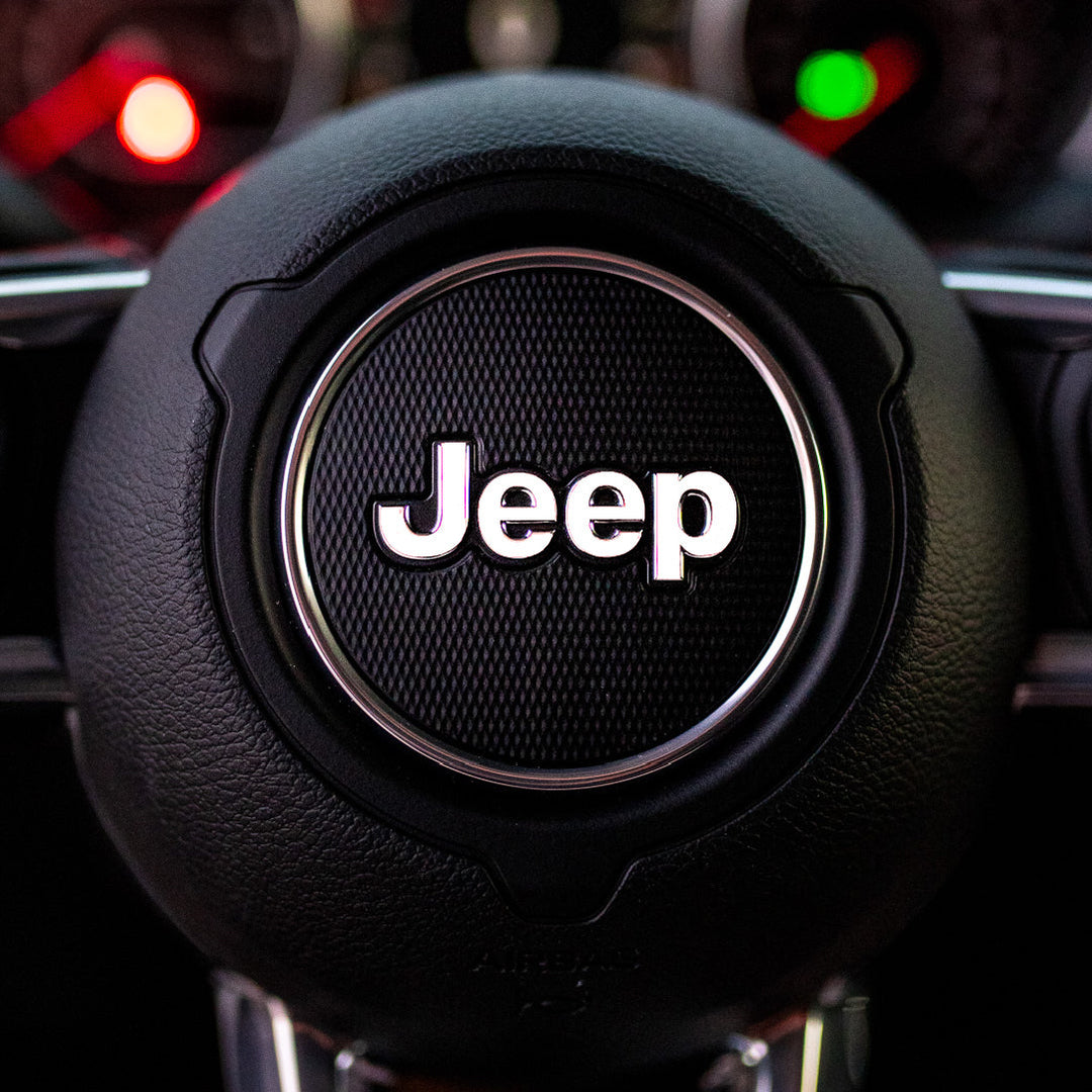JEEP Steering Wheel Emblem Overlay Decal — 30+ Colors &amp; Designs (Flag, Topo, Animal, Solid)